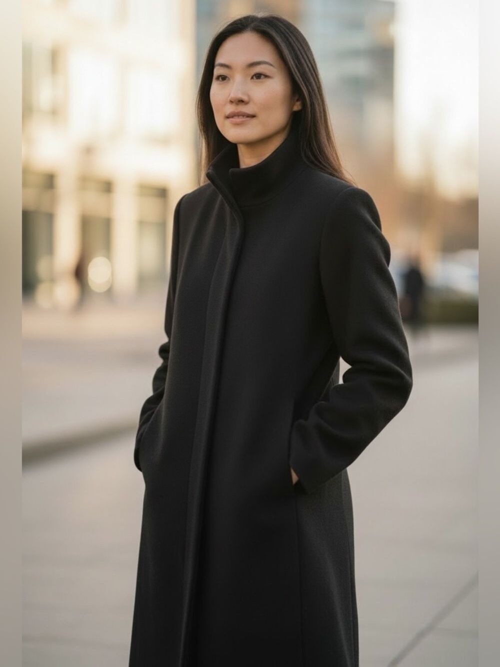 TALBOTS MINIMALIST BLACK ZIP FRONT KNEE LENGTH COAT QUIET LUXURY SZ 10P